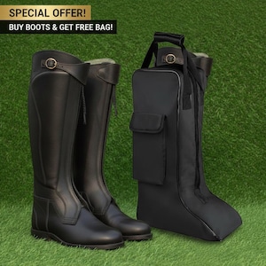 May include: A pair of tall black leather riding boots with a buckle strap at the top and a matching black fabric boot bag with a handle and external pocket. The text SPECIAL OFFER! BUY BOOTS & GET FREE BAG! is visible at the top of the image.