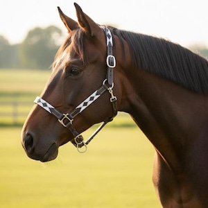 Peut inclure: Un cheval brun portant un licol en cuir avec un motif géométrique blanc et noir. Le licol est doté d'une quincaillerie métallique dorée et est conçu pour un usage équin. Le cheval se détache sur un fond vert flou.
