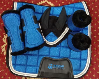 Conjunto de mantillas para silla de montar con purpurina personalizadas – Velo antimoscas y protectores de patas a juego / Artículos ecuestres brillantes