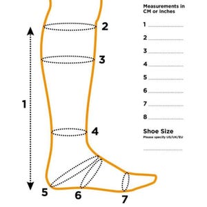 May include: A diagram showing the outline of a lower leg and foot in orange lines. It features numbered measurement points from 1 to 8, with corresponding lines for recording measurements in inches or centimeters and a section for shoe size US/UK/EU.