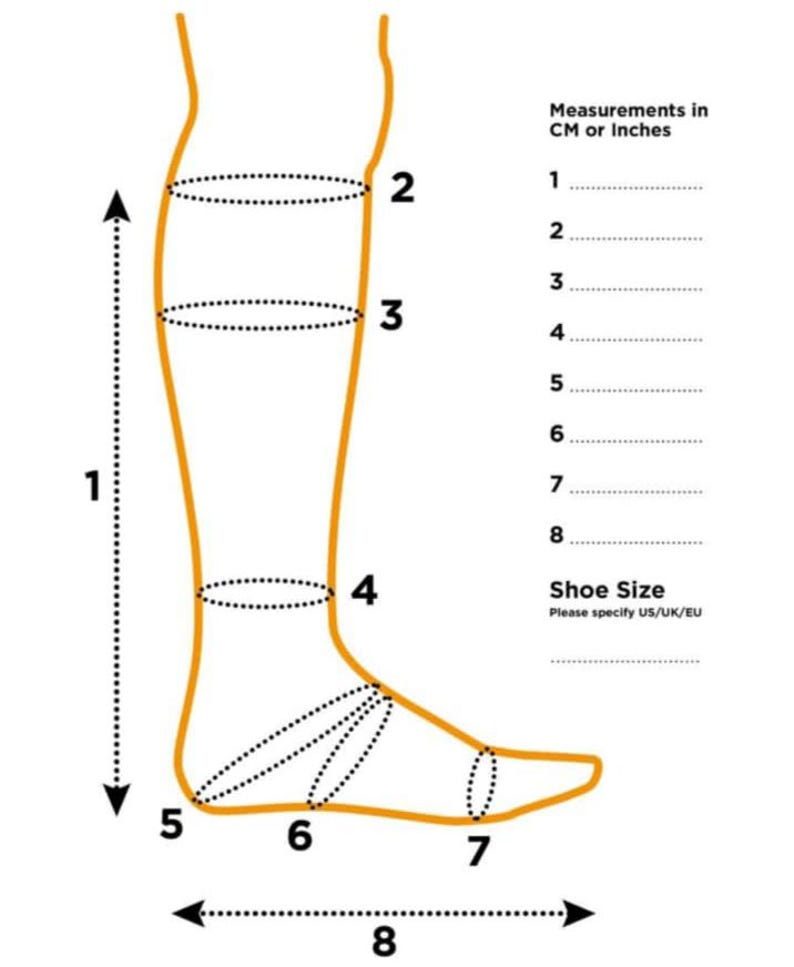 May include: A diagram showing the outline of a lower leg and foot in orange lines. It features numbered measurement points from 1 to 8, with corresponding lines for recording measurements in inches or centimeters and a section for shoe size US/UK/EU.