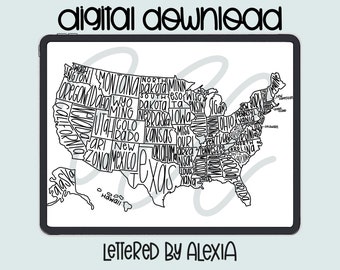 US Map, Downloadable Map, United States Map, Fill-In Map, Printable Map, Procreate Map