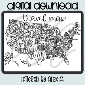 DOWNLOADABLE Travel Map, United States Map, Procreate Travel Map, Fill in Map, Printable Map