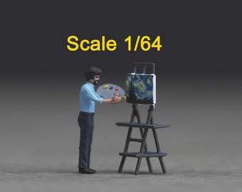 May include: A miniature figurine of a painter wearing a light blue shirt and dark pants, holding a palette and brush while standing before a black easel with a small canvas. The text Scale 1/64 is printed in yellow above the figurine.