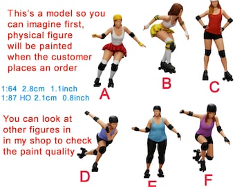 May include: Six miniature figures of roller derby athletes in various poses. The figures are painted in different colors, including red, blue, yellow, and purple. The figures are approximately 2.8 cm (1.1 inches) tall. This is a model so you can imagine first, physical figure will be painted when the customer places an order. You can look at other figures in my shop to check the paint quality.