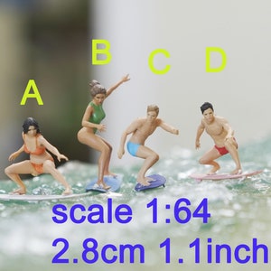 May include: Four miniature figurines of people surfing on small surfboards. The figurines are 1.1 inches tall and are made of plastic. The figurines are painted in realistic colors and have detailed features. The figurines are posed in a variety of surfing positions. The figurines are set against a blue and white background.