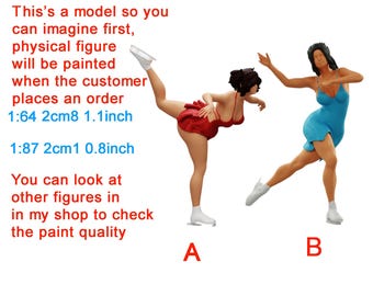 May include: Two figure skating models, one in a red dress and one in a blue dress, posed in a skating position. The text on the image reads: "This's a model so you can imagine first, physical figure will be painted when the customer places an order 1:64 2cm8 1.1inch 1:87 2cm1 0.8inch You can look at other figures in in my shop to check the paint quality"