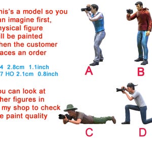 May include: Four miniature figures of photographers, each in a different pose. The figures are painted in realistic detail and are approximately 2.8 cm (1.1 inches) tall. The text on the image reads: "This's a model so you can imagine first, physical figure will be painted when the customer places an order 1:64 2.8cm 1.1inch 1:87 HO 2.1cm 0.8inch You can look at other figures in in my shop to check the paint quality"
