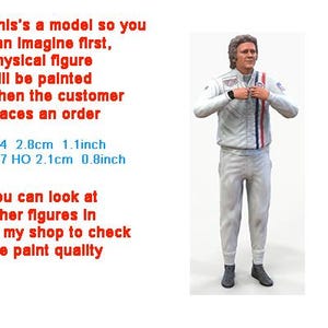 Puede incluir: Una figura de modelo blanca de una persona que lleva un traje de carreras blanco con rayas rojas y azules. La figura mide 2,8 cm de alto (1,1 pulgadas) y forma parte de un modelo a escala 1:64. El texto "This's a model so you can Imagine first, physical figure will be painted when the customer places an order 1:64 2.8cm 1.1inch 1:87 HO 2.1cm 0.8inch You can look at other figures in In my shop to check the paint quality" también es visible en la imagen.