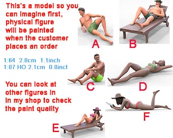 May include: Six miniature figures in various poses, some sitting, some lying down, and some reclining on a chaise lounge. The figures are painted in realistic skin tones and wearing swimwear. The figures are 1:64 scale, measuring 2.8 cm (1.1 inches) tall and 1:87 scale, measuring 2.1 cm (0.8 inches) tall.