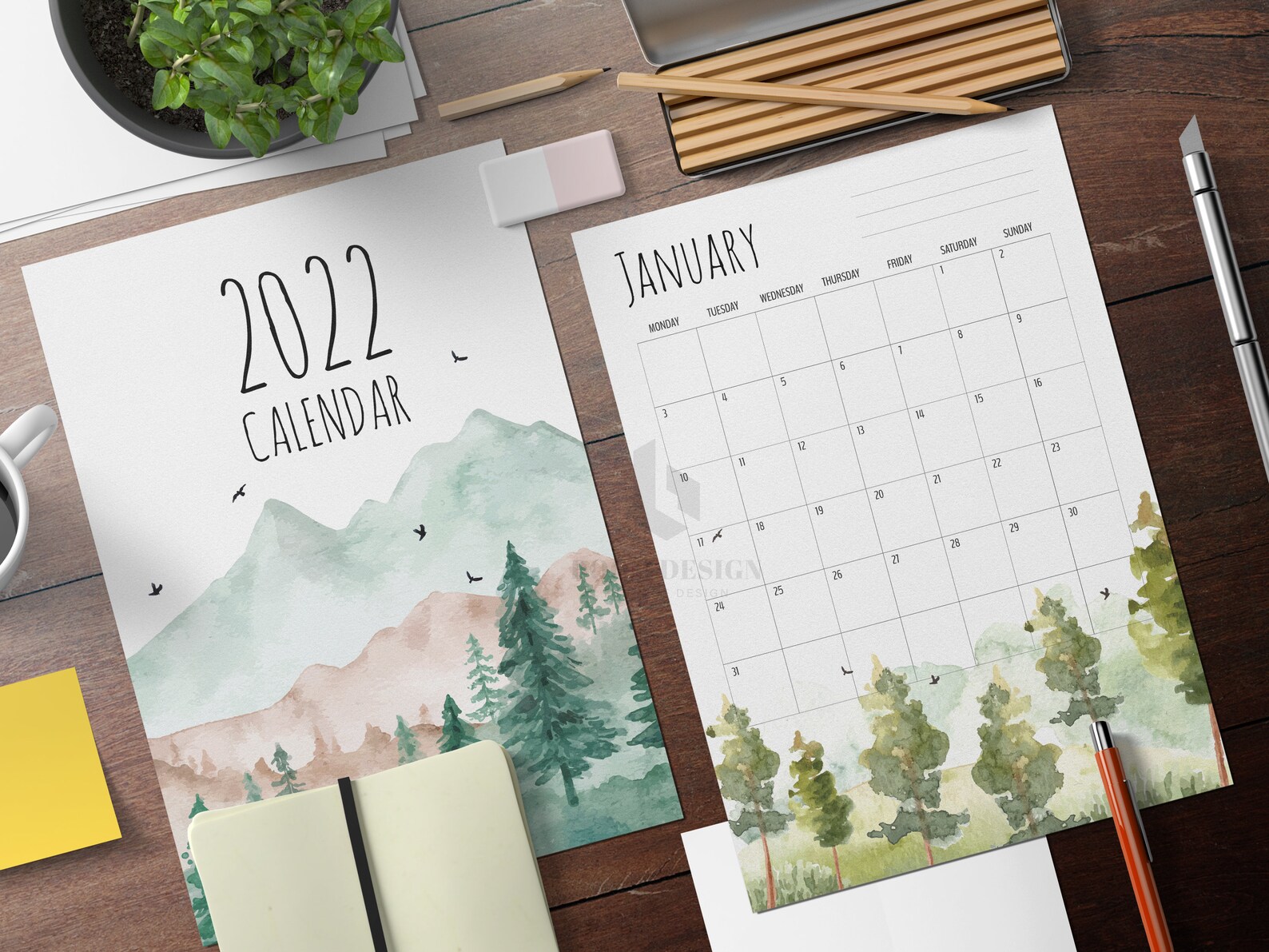 2022 calendar printable landscape water color theme a4 etsy