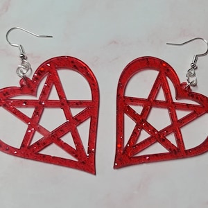 Pentagram Heart Earrings | Lightweight Custom Resin Jewellery | 50+ Colours | Gift for Her | Handmade | Silver | Horror | Gothic | Cult