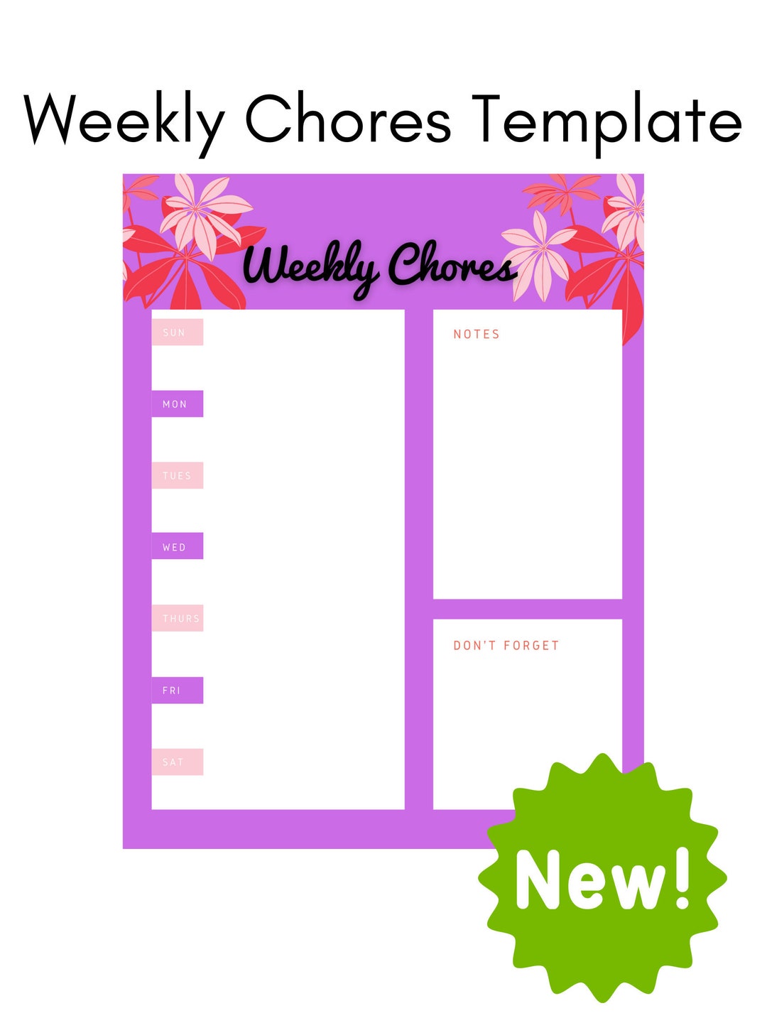 Weekly Chore Chart Printable, Instant Download, PDF File, Get Organized ...