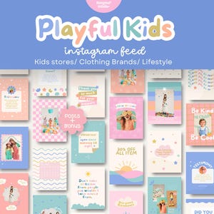 Può includere: Una collezione di modelli di feed di Instagram colorati con il testo "Playful Kids" e "instagram feed". I modelli sono progettati per negozi per bambini, marchi di abbigliamento e contenuti lifestyle. Vari design includono foto, illustrazioni e testo.
