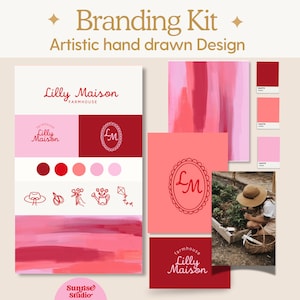 May include: A branding kit design with the text "Branding Kit" and "Artistic hand drawn Design". The design includes logos, color swatches, and illustrations in shades of pink and red. The Lilly Maison logo is featured.