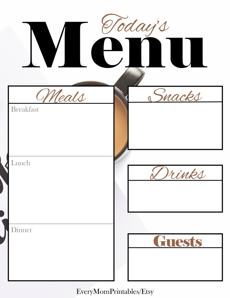 This is a page from the meal planner: Today's menu