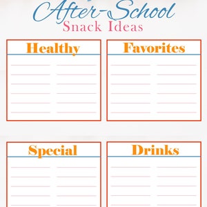 This is an after-school snack ideas list from the meal planner