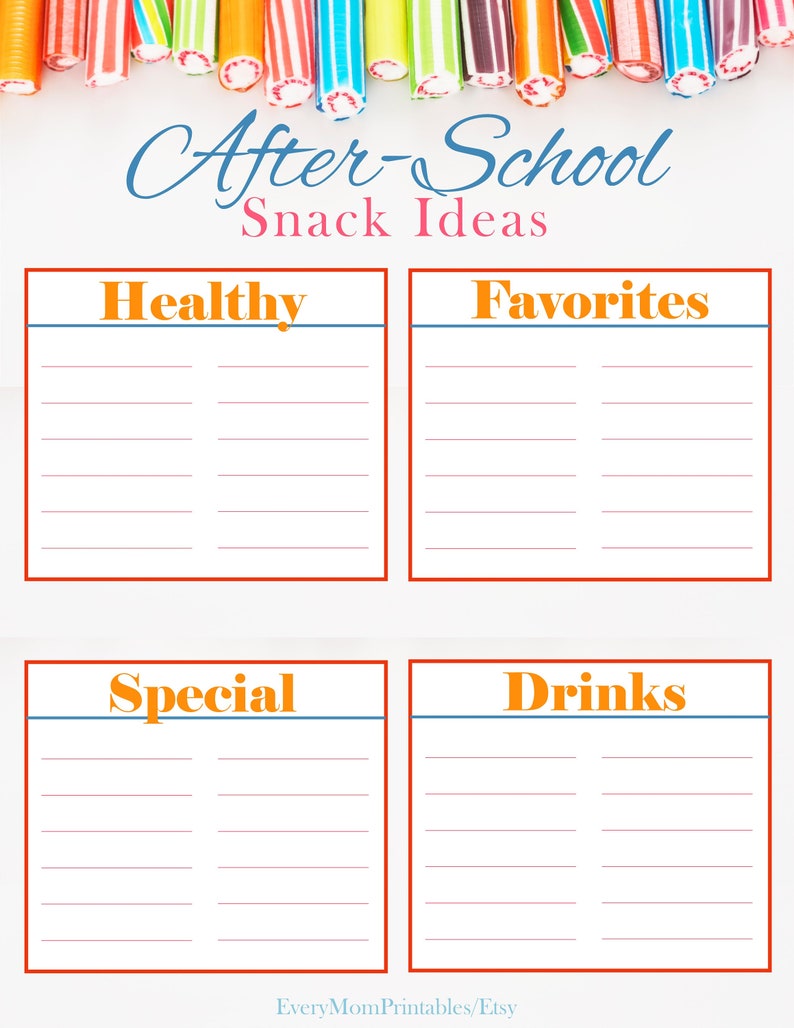 This is an after-school snack ideas list from the meal planner