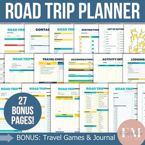 May include: A printable road trip planner with 27 bonus pages. The planner includes sections for route planning, contact information, destination details, travel checklist, accommodation, activity details, lodging research, packing list, daily schedule, and meal planning. The planner is designed in a yellow and teal color scheme with a white background.