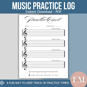Rastreador de prática musical semanal: registro em PDF para impressão para acompanhamento do progresso do instrumento e dos minutos
