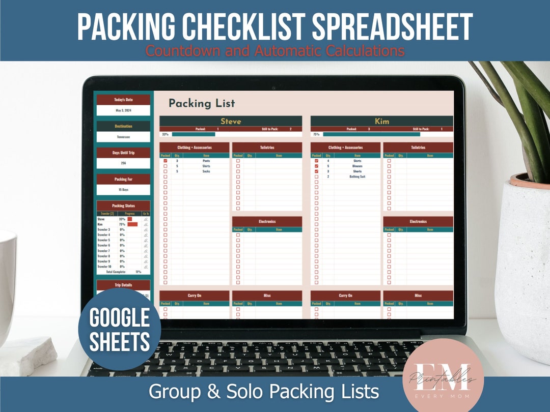 Google Sheets Packing Checklist: Travel Planner Spreadsheet (digital ...