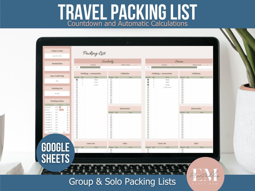 Travel Packing List Google Sheets Template | Editable Vacation Packing ...