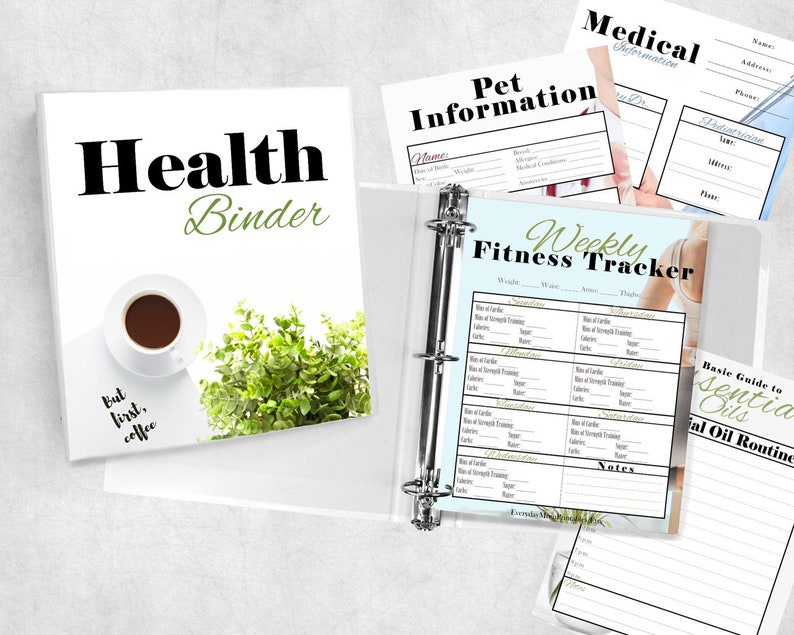 This is a health binder that comes with printables for your medical and dental information, insurance information, a family history list you can fill out, monthly and weekly workout lists, a basic guide to essential oils, etc.