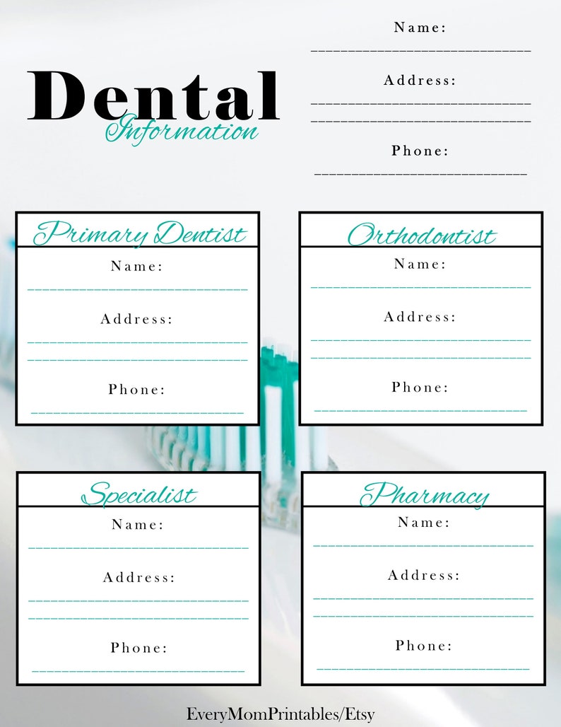 This is a Dental Information printable that comes in the Health Binder at Every Mom Printables