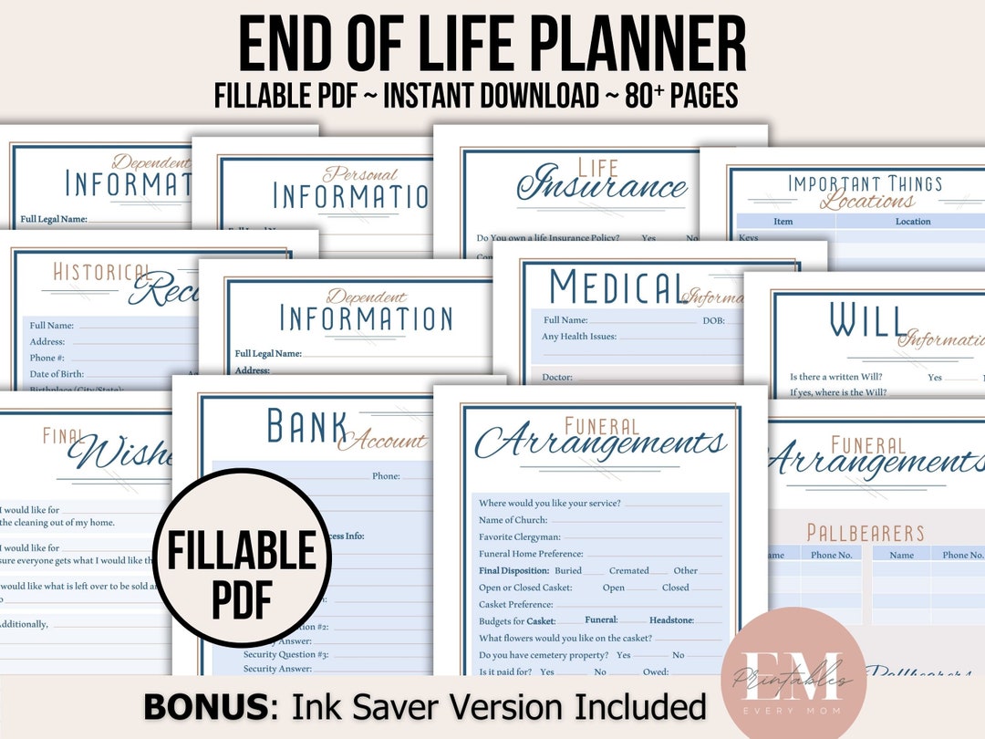 End of Life Planner Printable, Fillable PDF, Emergency Binder ...