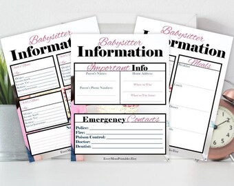 Babysitter Information Sheets ~ Babysitter Emergency Printable Forms ~ Babysitter Printable ~ Babysitter Planner ~ Babysitter Checklist