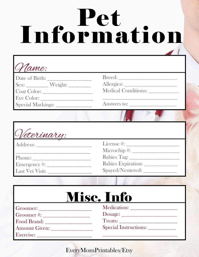 This is a Pet Information printable that comes in the Health Binder at Every Mom Printables