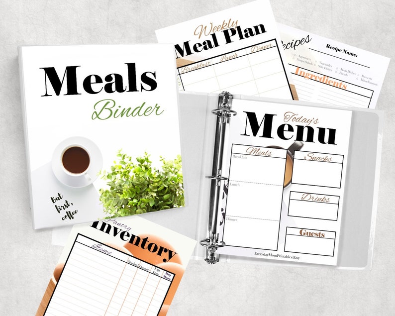 digital meal planner complete with a shopping list, inventory list, spice inventory list, freezer inventory list, weekly meal plan, recipe template, after school snack ideas list, etc.