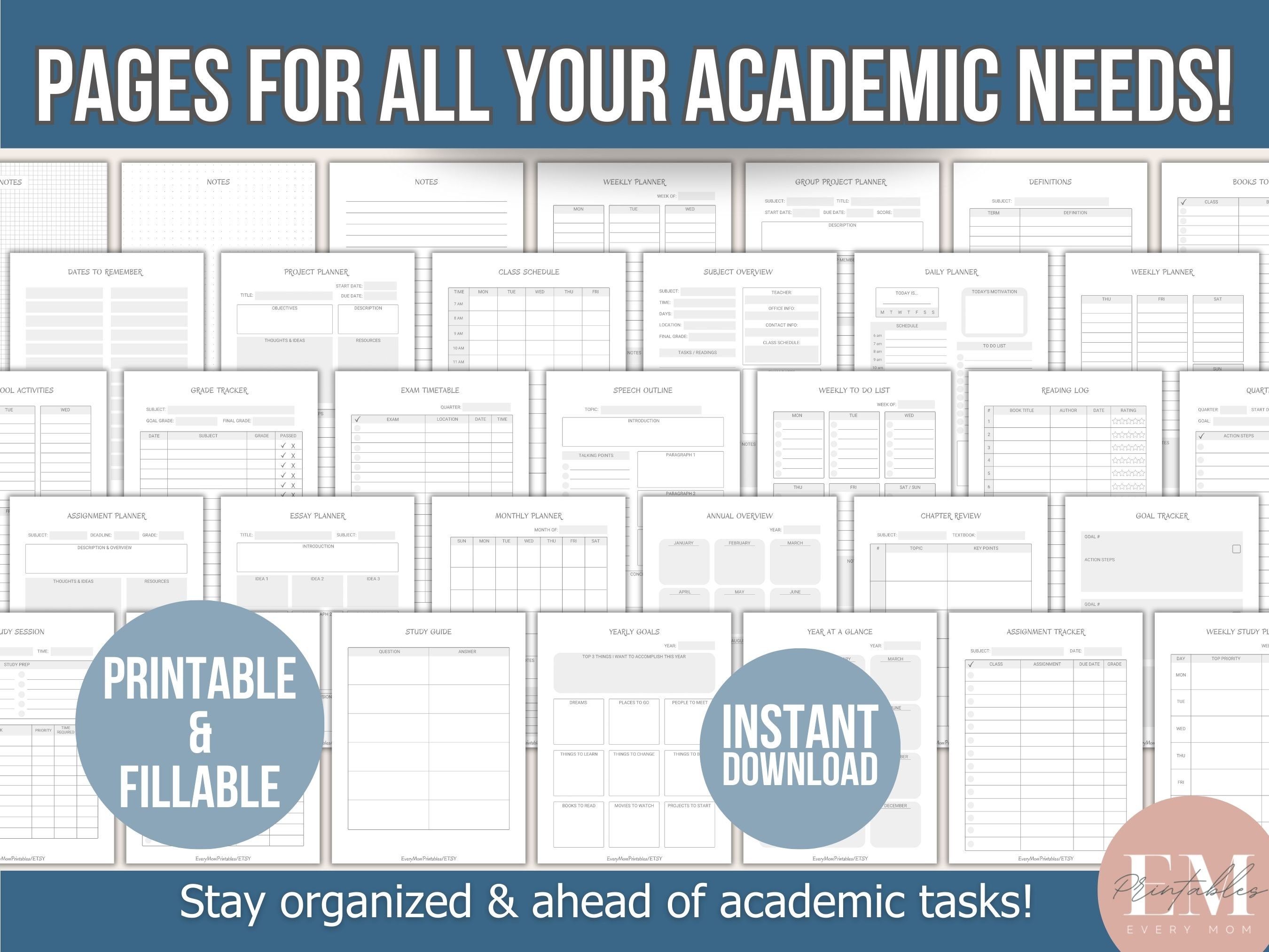 Fillable Academic Planner Printable: Student Organizer, Study Calendar ...