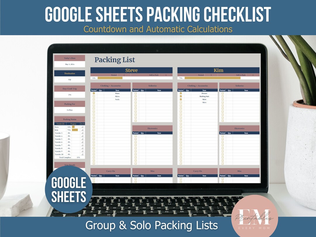Travel Packing List Google Sheets Template | Vacation Packing Checklist ...