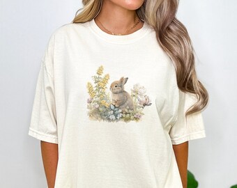 Bonita camiseta de conejito con flores, camiseta coqueta, camiseta de moda, camiseta estética, camiseta de regalo para ella, camiseta de colores cómodos, bonita camiseta de conejito de moda