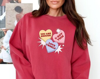Felpa con cuoricini di San Valentino, felpa con salute mentale, felpa con cuoricini di San Valentino, girocollo di San Valentino, felpa con cappuccio di San Valentino
