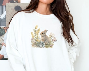 Sudadera con conejito floral, sudadera coqueta, cuello redondo de moda, sudadera estética, sudadera de regalo para ella, sudadera de colores cómodos