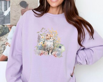 Sudadera con estampado de acuarela de gatito lindo, sudadera coqueta, cuello redondo de moda, sudadera estética, regalo para ella, sudadera con colores cómodos
