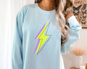 Sudadera Electric Soul, cuello redondo con rayo de neón, jersey retro, sudadera con capucha de neón de gran tamaño, conjunto retro de manga larga de neón, suéter retro