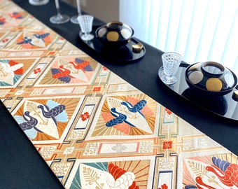 Birds, Custom Japanese Silk Table Runner, Hand Woven Japanese Obi Runner (One of a kind)