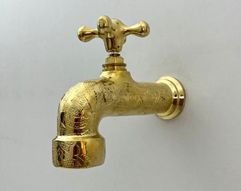 Grifo de pared exterior de latón macizo sin lacar, grifos de pared de un solo mango para jardín, grifo de montaje en pared hecho a mano, grifos de pared de baño de granja