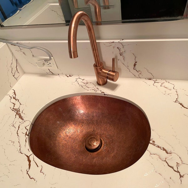 Handcrafted Copper Finish Bathroom Sink Faucet, Undermount Engraved Copper Finish Sink with Engraved Pop up Drain, Single Handle Copper Tap