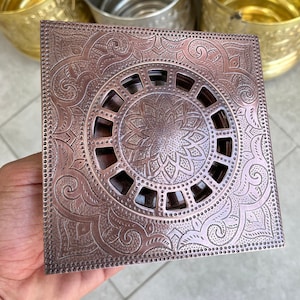 Dark Copper Floor Drain 15 cm Square with Removable Cover, Handmade Farmhouse Bathroom Floor drain, Hand Engraved Floor Drain For Shower,
