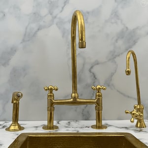 Unlacquered solid brass 8&quot; spread  Brass Bridge Kitchen Faucet  Cross Handles with Straight Legs Brass kitchen faucet