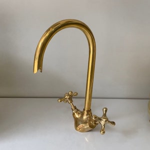 Bathroom Faucet, Brass Kitchen Faucet, Gooseneck Bathroom Vanity Solid Brass Faucet, Unlacquered Brass Faucet with Simple Cross Handles image 3