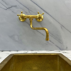 Brass Kitchen Faucet Wall Mount Sink Faucet Kitchen 8 Inch Swivel Spout Unlacquered Brass Double Cross Handles Hot and Cold Water Mixer Tap