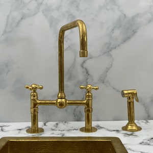 8 inch Spread Brass Kitchen Bridge Faucet with Sprayer Antique Kitchen Faucet with Side Sprayer Unlacquered Brass Traditional Cross Handles