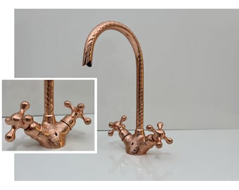 Grifo de cocina de cuello de cisne Acabado de cobre, Grifo de tocador Granja Baño Grifo de lavabo Grifo de agua fría y caliente, Grifo vintage grabado