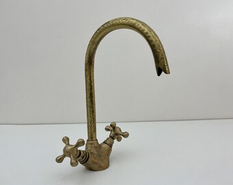 Grifo de bronce con manijas cruzadas simples, grifo de baño de latón, grifo de cocina de latón, grifo de latón macizo de tocador de baño de cuello de cisne grabado