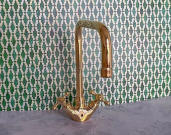 Bathroom and Kitchen Sink Faucet, Handmade of Solid Unlacquered Brass with Traditional Simple Handles, Hot and Cold Brass Faucet